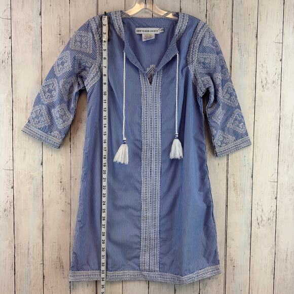 Gretchen Scott Blue/White Seersucker Odessa Tassel Tunic Shift Dress Size Small - Picture 9 of 13